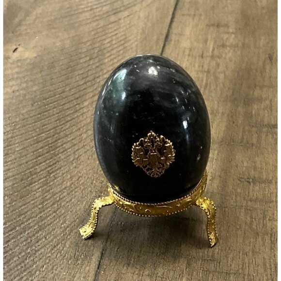 Marble Alabaster Egg Russian Imperial Coat Of Arms Emblem Black - Picture 2 of 4